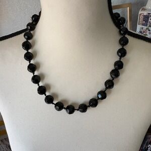Black Faceted Beaded Necklace with Ribbon Tie Closure